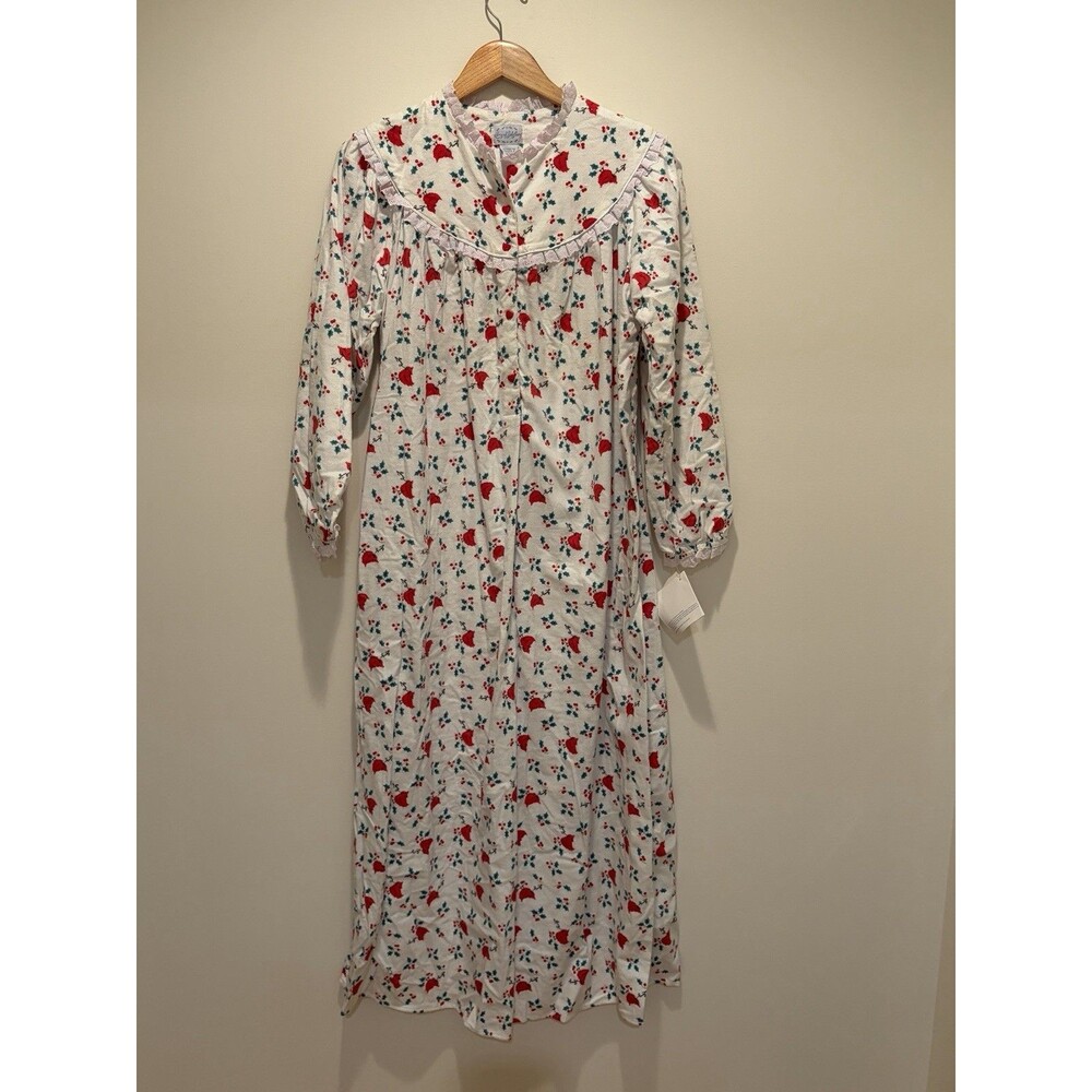Lanz of Salzburg Nightgown Sz S Floral Cardinals Cotton Flannel Lace Cottagecore